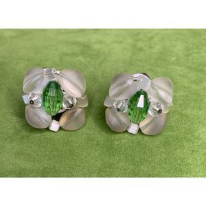 Frosted Earrings in Silver wash with Green center, Vintage
